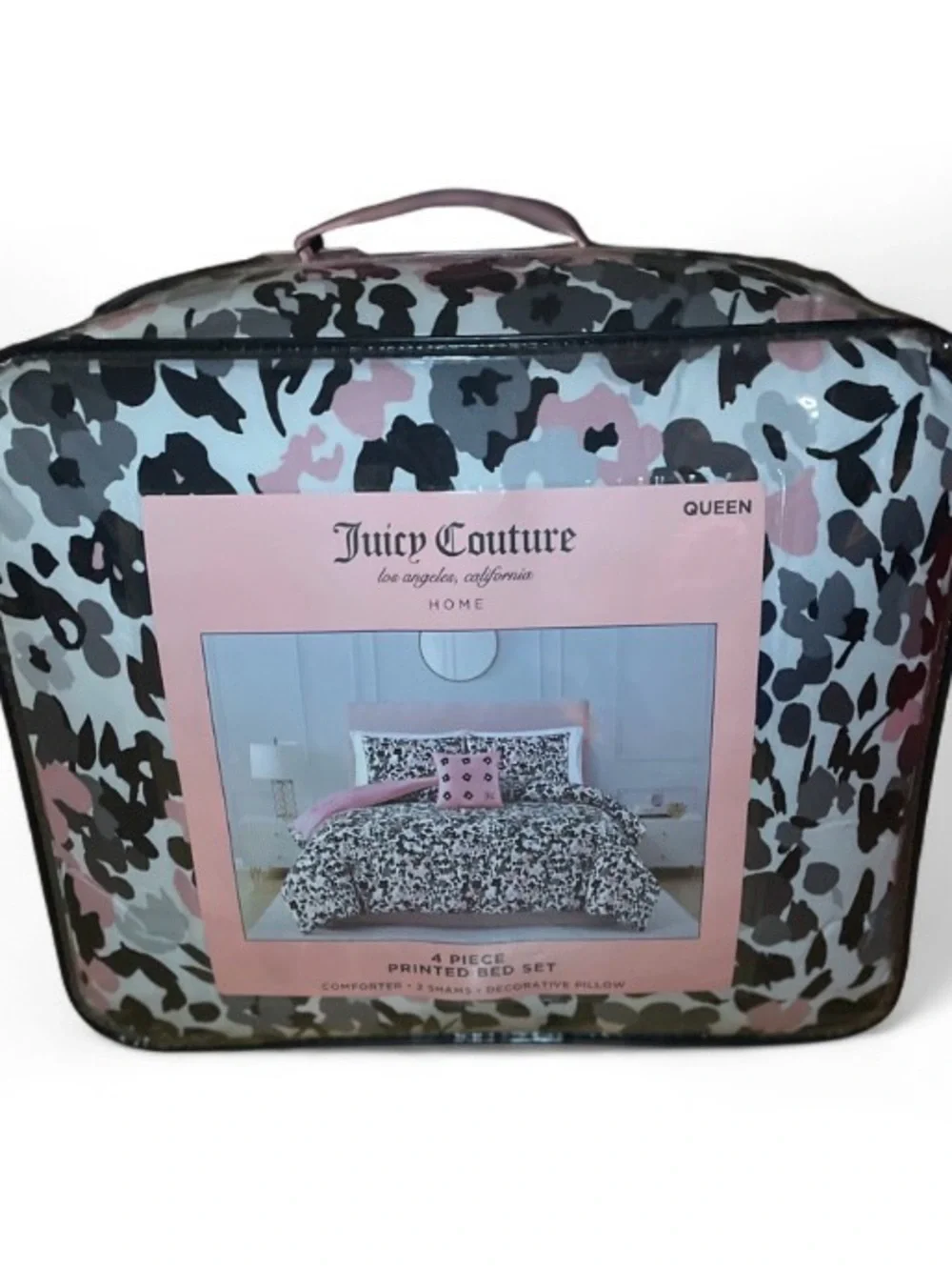 Juicy Couture 4-Piece Queen Printed Bed Set - Black Pink Floral Camo Comforter